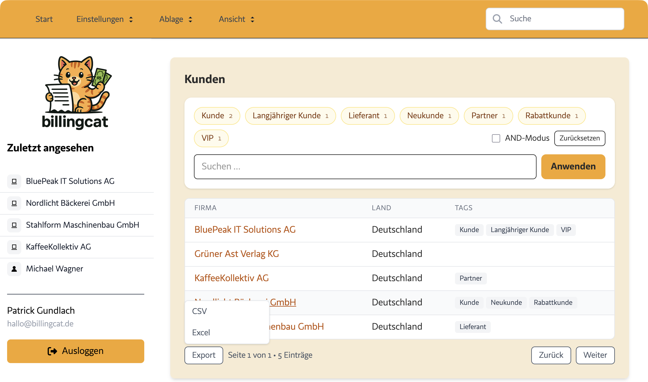 Export-Menü in der Kundenliste