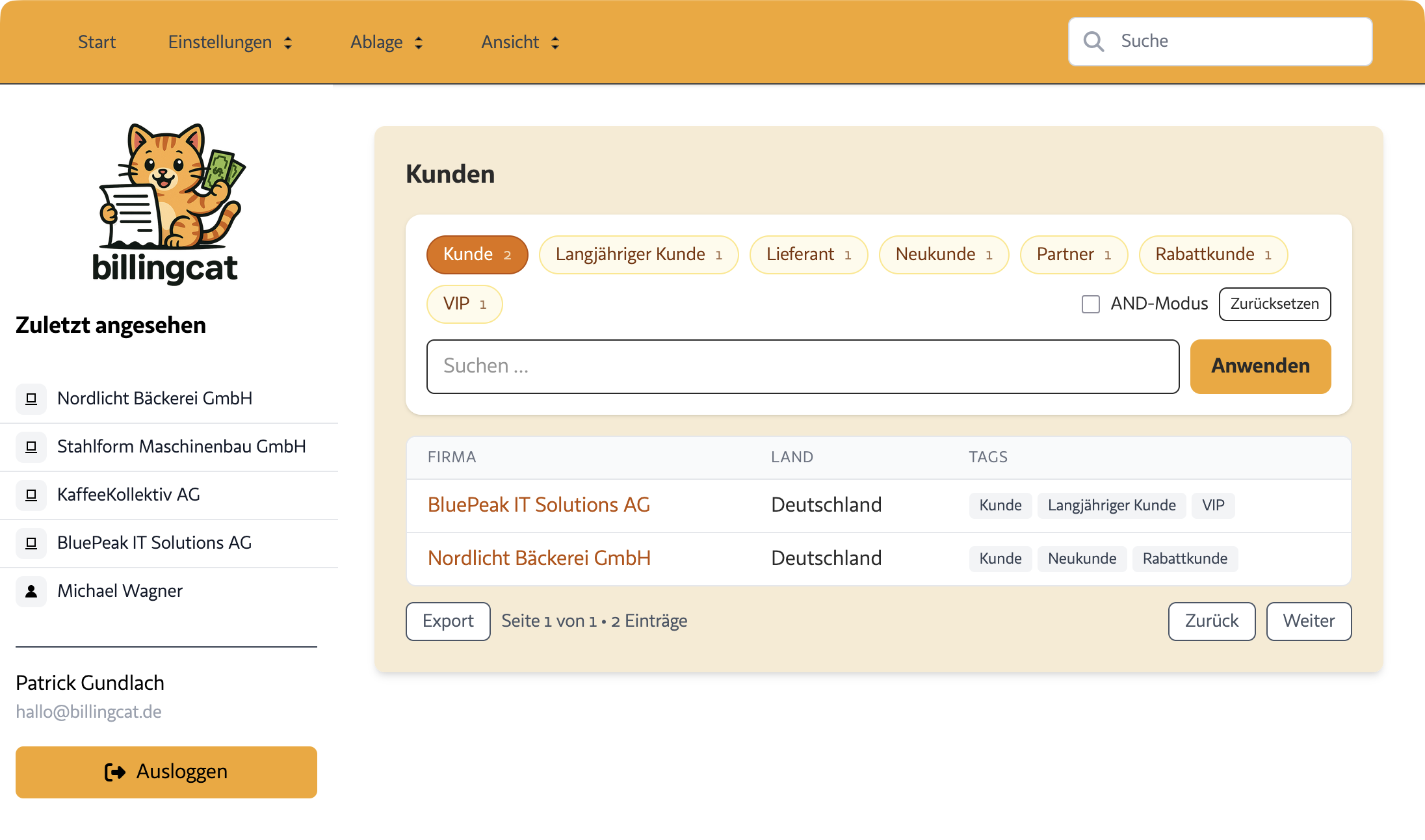 Tag-Filter in der Kundenliste