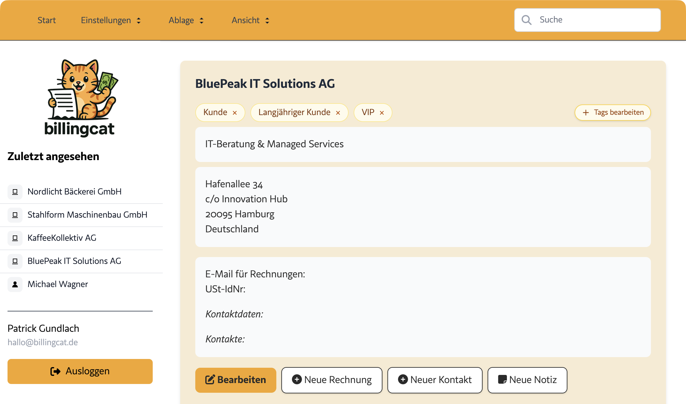 Tag-Auswahl auf einer Firmenkarte