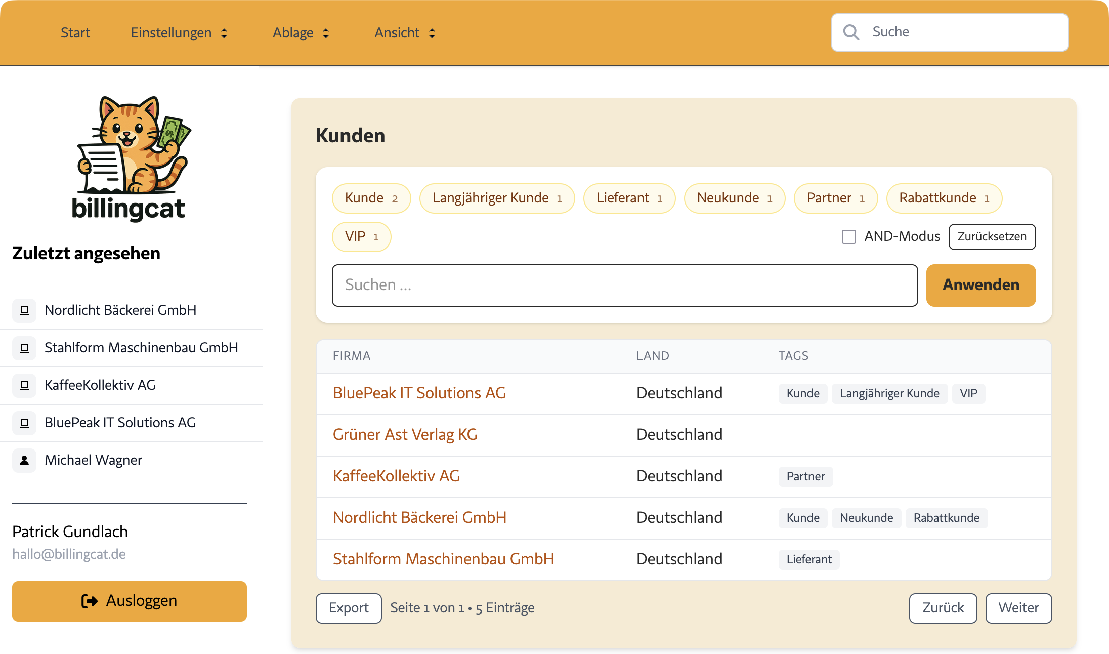 Tag-Übersicht in der Firmenliste